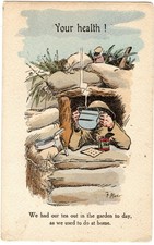 WW 1 F Mackain Comic Postcard - Your Health ! Soldier Drinking Tea In Trench.