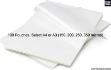100 Laminating Pouches Glossy Gloss SELECT A4 or A3 150, 200, 250, 350 micron