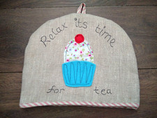 Retro Hand-Made 12" Fabric Appliqué Embroidered Cupcake Tea Cosy VGC