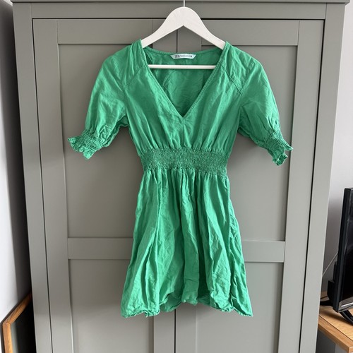 Zara green neck mini dress - v-neck,