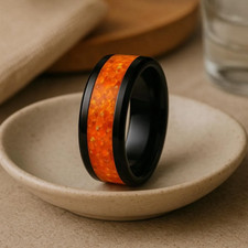 Orange opal Glow Black Ceramic Ring Mens Alternative Wedding Band 