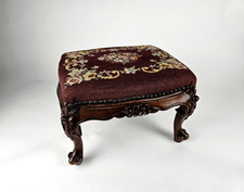 Vintage Floral Needlepoint Footstool Mahogany Carved Wood Vanity Stool 1930's