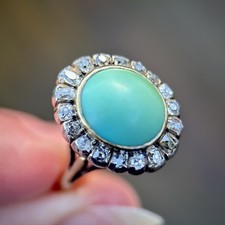 18ct Gold Antique Turquoise & 0.92ct Old Mine Cut Diamond Cluster Cocktail Ring