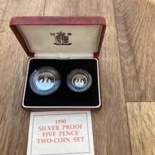 Royal Mint Silver Proof 5p Two-Coin Set 1990 Five Pence with COA. 104