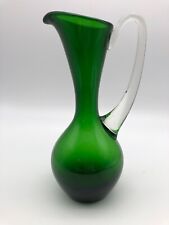 Vintage Hand Made Green Glass Jug with Clear glass Handle 23 cm .