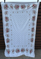 Large rectangular vintage Table cloth white with red floral pattern New  52 x 80