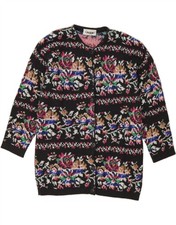 VINTAGE Womens Cardigan Sweater UK 16 Large Black Floral Lambswool BD02