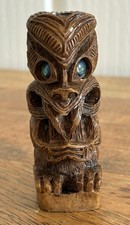 Vintage Carved Resin Tiki Totem New Zealand Maori Paua Shell Figure 3”