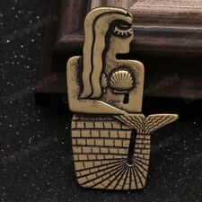 2"big VINTAGE BRASS surrealist RETRO BROOCH pin antique gold modern art MERMAID