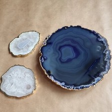 Gold Edged Natural Crystal Set -Thick Agate Crystal Slice with 2x Agate Coasters