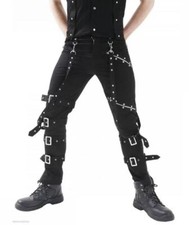 Men's Gothic Cyber Buckle Strap Black Pants Thread Bondage Metal Stud Trousers