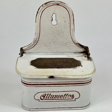 Vintage French Kitchen Wall Hanging White Enamel Matches Container With Lid
