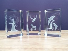 3D Laser Etched Crystal Glass Paperweight x3 Dolphins, Fairy, Pegasus Horse