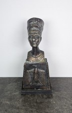 Antique Egyptian Revival Spelter Queen Nefertiti Bust Wooden Base Old Statue