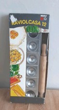 RISOLI  12 Raviloli Pasta Maker Mould Cast Aluminium + Wood Rolling Pin Italy 