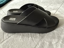 Ladies FitFlop F Mode Leather Flatform Cross Slide Sandals All Black