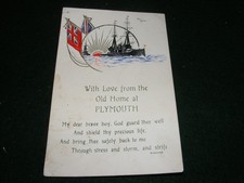 VINTAGE POSTCARD PLYMOUTH PATRIOTIC SOUVENIR WWI ROYAL NAVY ART BATTLESHIP FLAGS