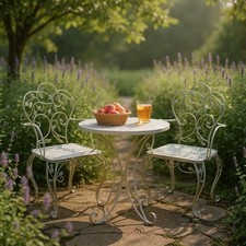 Metal Cream Garden Bistro Set Stylish 3-Piece Outdoor Round Table & Chair Set