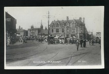  ECCLES  Lancashire  The Market with Stalls / Car and Tram  RP