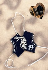 Handmade Converse Corset Top with Skull Cat Print & Lace-Up Front S-XS