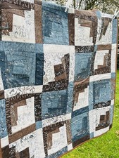 42” X 43” Approx Lap Quilt Throw Moda Cotton Fabric Topper blues/cream/brown