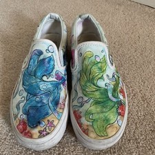 VANS Classic Slip-On Women Girls Custom Hand painted Shoes . Mermaid, Sealife