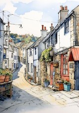 Cornish Coastal Seaside Watercolour Cottages Painting Wall Art Print Poster 