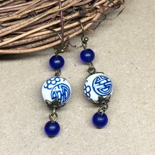 Delft - Cobalt blue glass and china dangle earrings