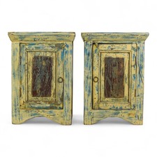 Pair Of Indian Bedside Cabinets Cupboards In Worn Paint Finish