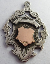 Antique solid silver pocket watch albert chain fob w/   9ct rose gold cartouche