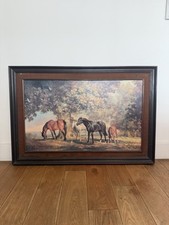 Extra Large Antique Vintage Horses Animals Under Tree Print Brown Wood Frame
