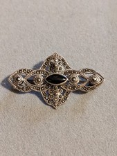  Vintage 925 sterling silver onyx & marcasite bar brooch elegant design classic 