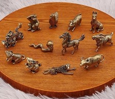 12 Brass Chinese Zodiac Animal Collection Eternal Bronze Finish + Wooden Stand