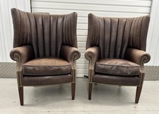 High Back Large Brown Leather Wingback Armchairs Pair by IJL Brown