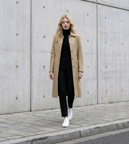 Leather toffee coat - toffee, knee