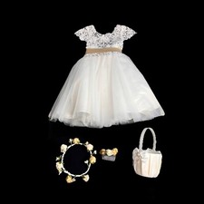 Bridesmaid Bow Tutu Wedding Flower Girl White Dress Wreath Petal Basket Set 4-5y