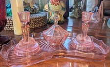 Art Deco Pink Glass Vanity Set Mixed Dressing Table Set 1930s Peach pink Glass