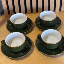 Set of 4 Apilco Green & Gold Large Tea/Coffee Cups and Saucers. Genuine Rare