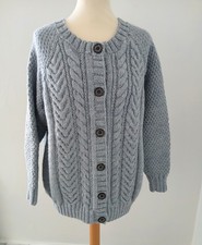Hand Knitted Ladies Denim Blue Pure Wool Aran Style Cardigan Jacket Size 14 - 16