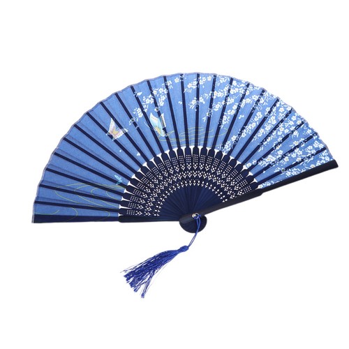 Blue silk bamboo folding fans - folding,
