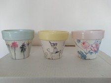 Set of 3 Decorative plant Pots Pink Blue Yellow Butterfly Birds Flowers Bees
