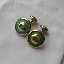 HEAVY HALLMARKED VINTAGE SOLID STERLING SILVER GREEN ENAMEL ROUNDEL CUFFLINKS