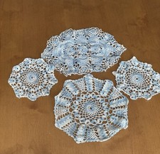 Vintage Set Of Four Hand Crochet Doilies. Blue And Cream . VGC