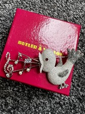 Butler & Wilson B&W Silver Singing Bird Brooch Musical Notes Boxed