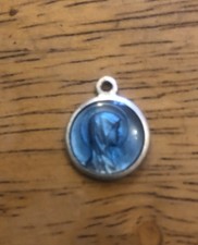 Vintage Catholic Miraculous Mary Blue Enamel GoldTone Religious Medal Length 3cm