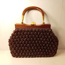 1940s Brown Wicker Straw Handbag with Wooden Handle Women Hand Bag Vintage