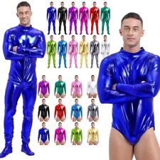 UK Mens Shiny Metallic Bodysuit Catsuit Long Sleeve One-Piece Jumpsuit Clubwear