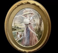 Antique Victorian Watercolour Painting Of Lady And Dog In Oval Gilt Frame C1890