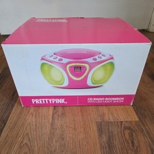 PRETTY PINK CD PLAYER RADIO AUX-IN PORTABLE BOOM BOX w/ DISCO LIGHTS & HANDLE