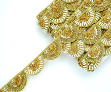 FCL 1 Yard Golden Zardozi Beaded Trim Scallop Handcrafted Sewon Border Crafting
